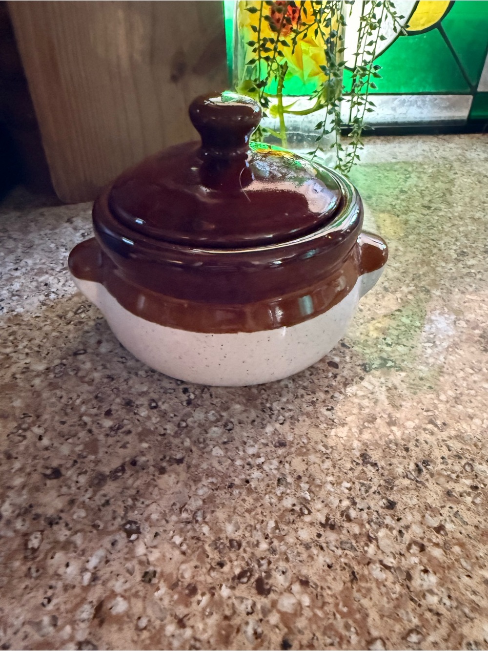 Vintage Brown & Cream Stoneware Lidded Bean Pot Crock